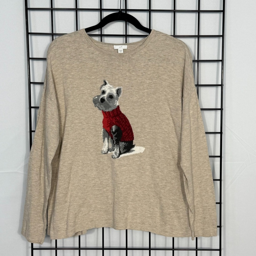 J. Jill Weston the Dog Sweater Womens Medium Beige Casual Preppy Fall Academia